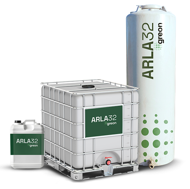 Linha de envases ARLA 32 Greon: galão, container IBC em gaiola metálica e tanque vertical industrial.